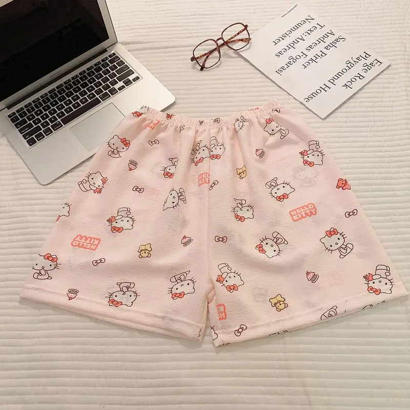 Y2K 카와이 산리오 헬로 키티 파자마 애니메이션 여성용 만화 바지 부드럽고 통기성 좋은 가정용 의류 하이웨이스트 반바지 소녀 선물