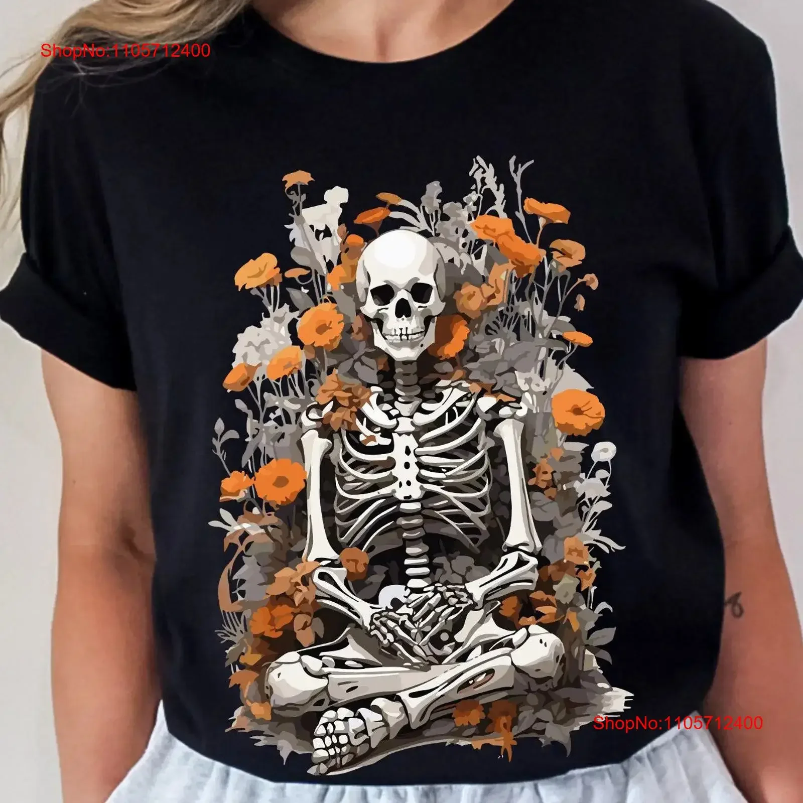 Floral Skeleton T Shirt Dead Inside Funny Halloween s Flower Skull vintage Washed Versatile fashion designer clothes