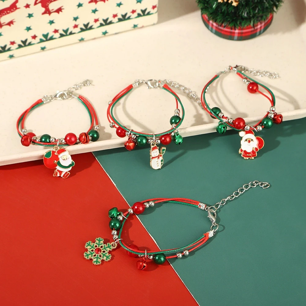 Creative Beaded Christmas Bracelet Santa Claus Snowflake Pendant Bangles Unisex Xmas Gift Wristband Bracelet With Bell