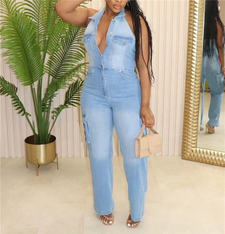 

Summer Fashion Halter Denim Jumpsuit 2024 Sexy Backless High Waist Straight-Leg Street Overalls