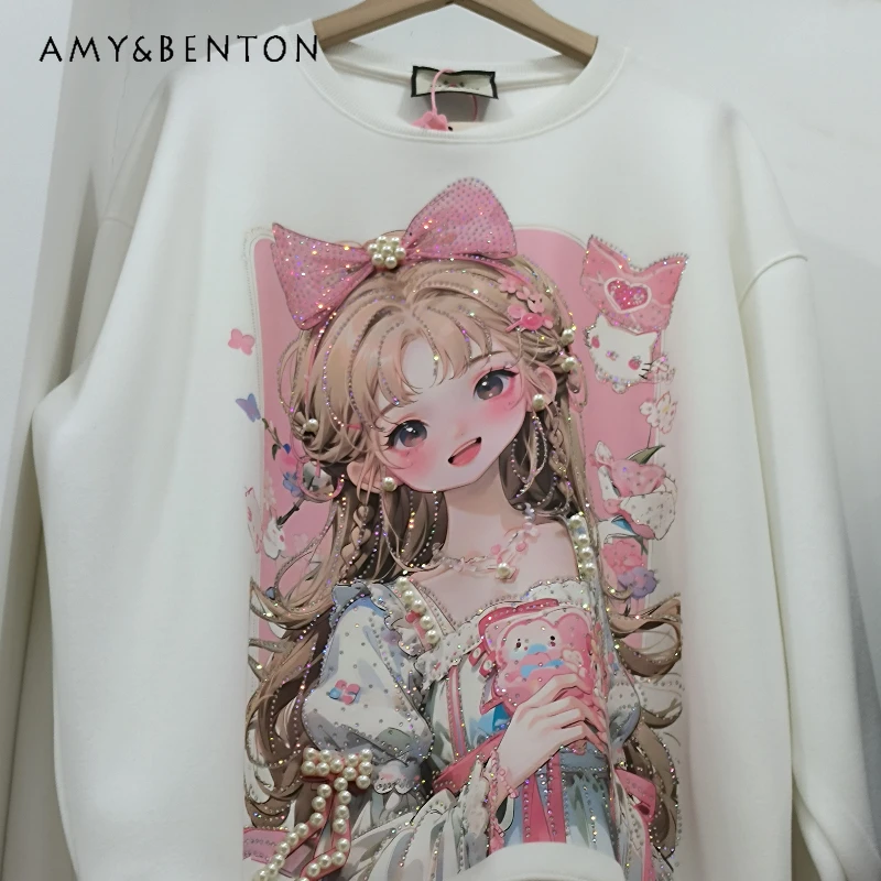 Cartoon Printing Diamond Drills Hooded Long-sleeved Sweatshirt Women's Autumn Winter Fashion Loose Oversized Pullover Hoodies