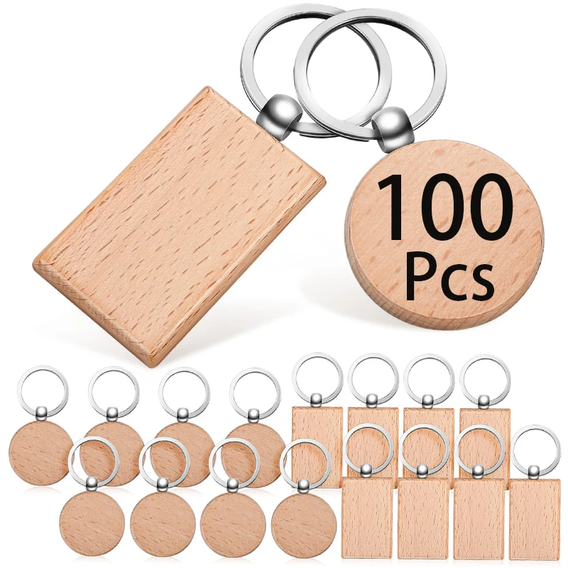 

100Pcs Wooden Keychain Blanks Unfinished Wooden Keychain Key Ring Key Pet Tag DIY Gift