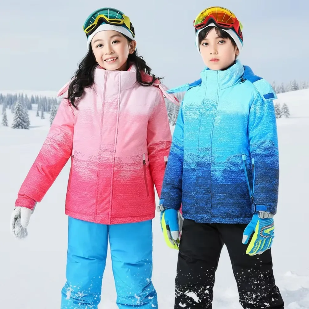Children's Ski Suit Set Boys' Girls' Hooded Tactical Jacket Zipper Breathable Thickened Windproof Waterproof Warm 100% Polyester
