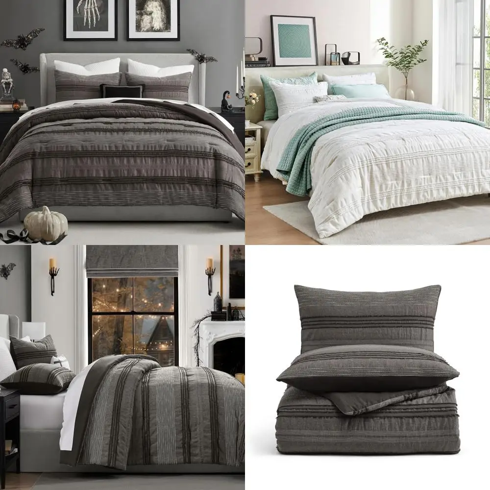 

King Size Dark Grey Farmhouse Striped Cotton Boho Comforter Set with Lightweight Yarn Dyed Comforter and Pillow Shams