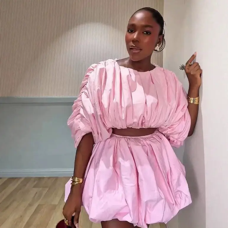 Women Gathered Crop Top 2 Piece Outfit Round Neck Ruched Puff Sleeves High Waist Bubble Hem Mini Skirt Fashion Party Co‑ord Set