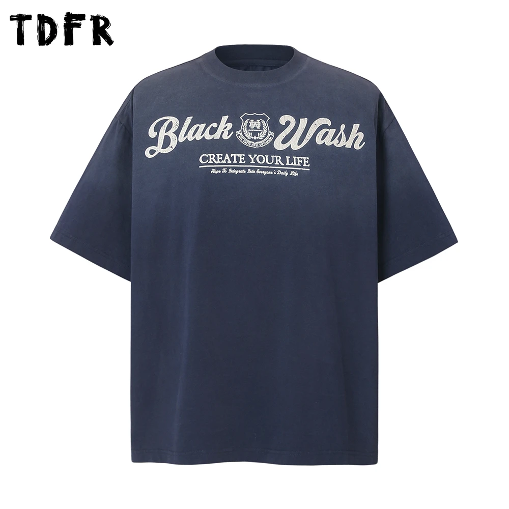 

Washed Distressed Letter Print T-shirt Mens Gradient Dyed Summer Short Sleeve Streetwear Loose Crew Neck Cotton Tee Men
