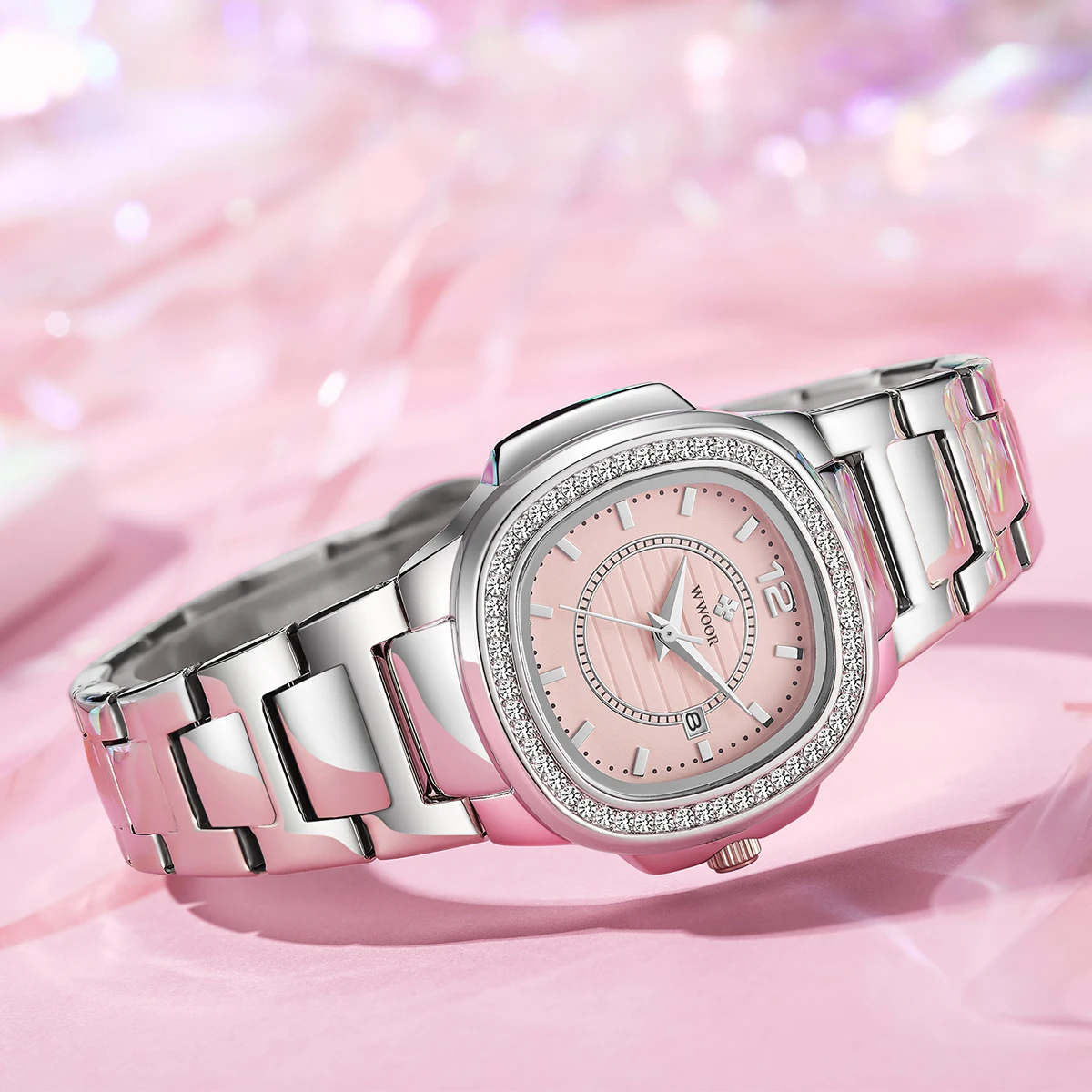 WWOOR Dameshorloge Roestvrij Staal Roze Eenvoudige Waterdichte Dameshorloges Elegante Diamanten Vrouwen Quartz Armband Horloges Datum Klok