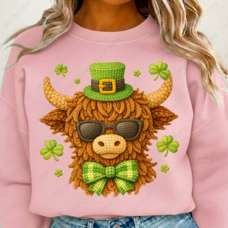 ハイランドカウ セントパトリックデー カジュアル ユニセックス プルオーバー ラッキークローバー ジェントリー イミテーションニット プリントスウェットシャツ アイリッシュ ロパ ムヘール