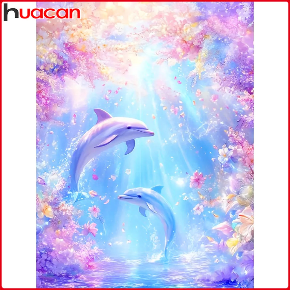 ◎ dolphin...hana。豚さん　サイズＦ　総柄で超可愛い。 Huacan Full Square Round Diamond Painting Dolphins Flower Diamond