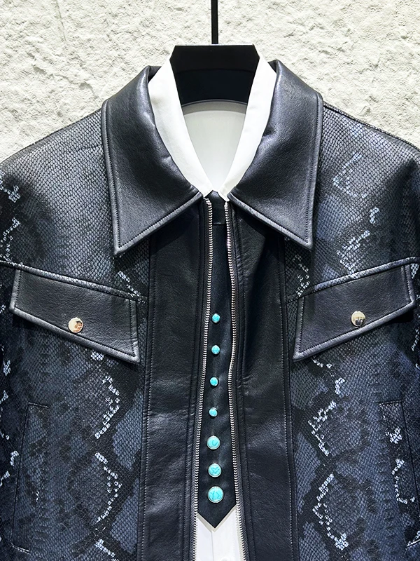 American Style Retro Trendy Snake Skin Pattern Jackets Men's 2025 Autumn New Personality Design Splicing Leather PU Short Coats