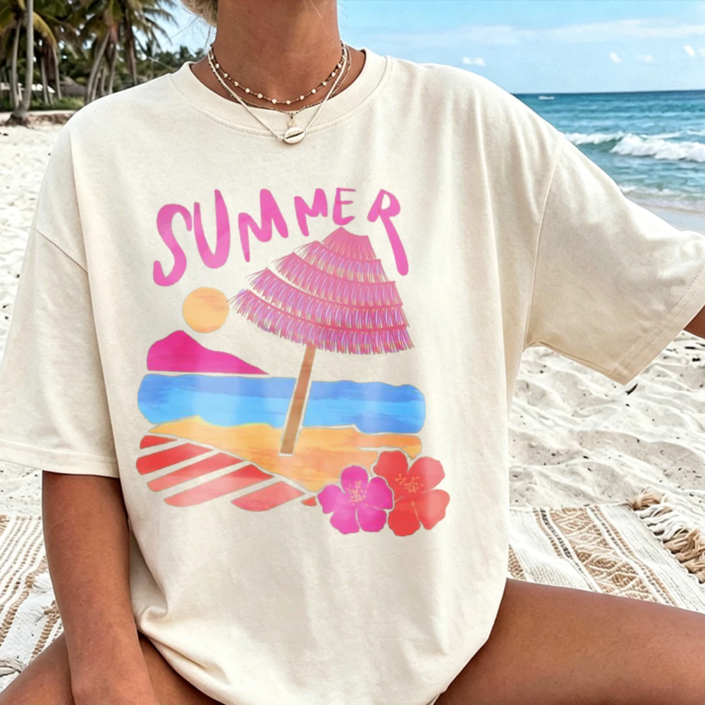Women Summer Beach Graphic T Shirt Pink Parasol Sea View Print Short Sleeve Tee Casual Loose Fit Cotton Top Holiday Vacation