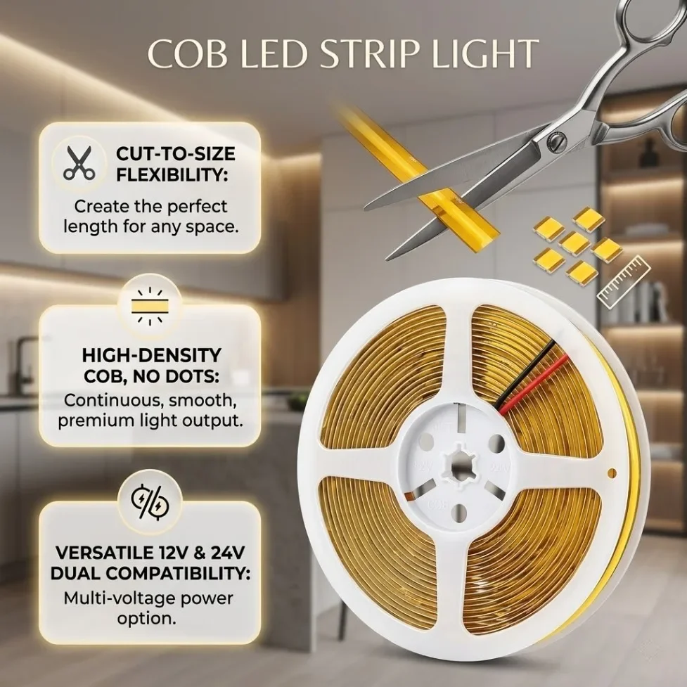 DC12V/24V COB LED Strip 400/528LEDs/M Free Cut Flexible Tape 0.5-10M Warm/Natural/Cool White Linear Lighting for DIY Home Decor
