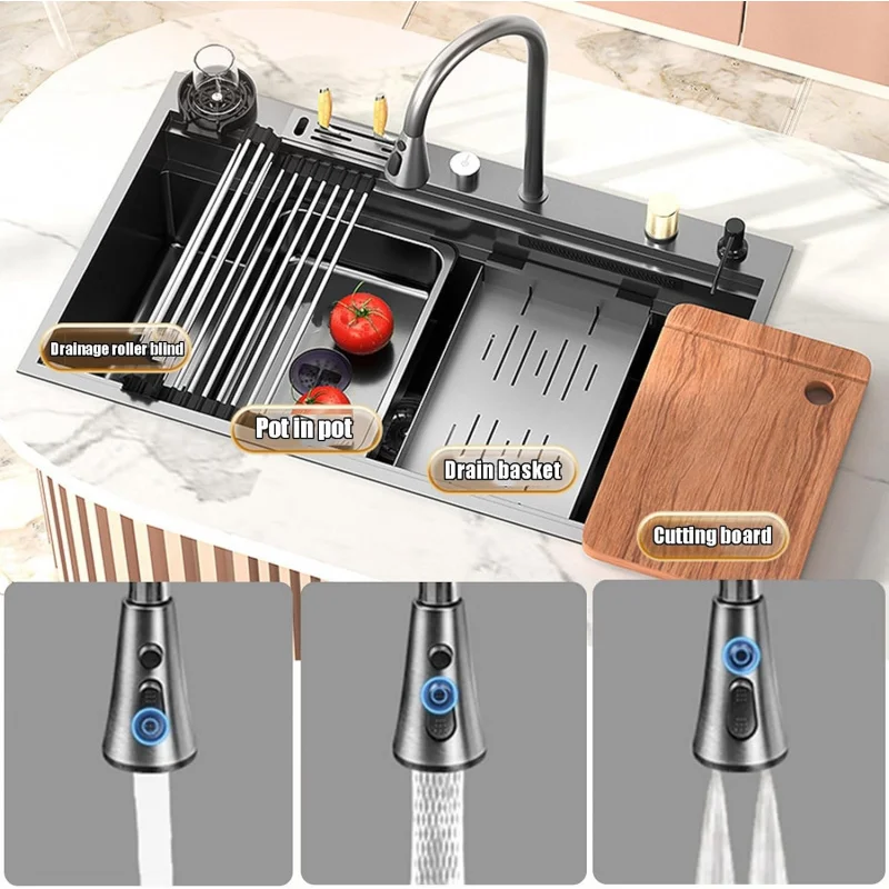 

(GGU)Кухонная мойка со скрытым водопадом, рабочая станция из нержавеющей стали 304 с держателем для ножей (100*52 см) TQ