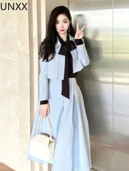 UNXX Fall Winter Two Piece Set Women Puff Sleeve blazer Crop Top+Pleated Long Skirt Suits Korean Sweet 2  Sets skirt suits