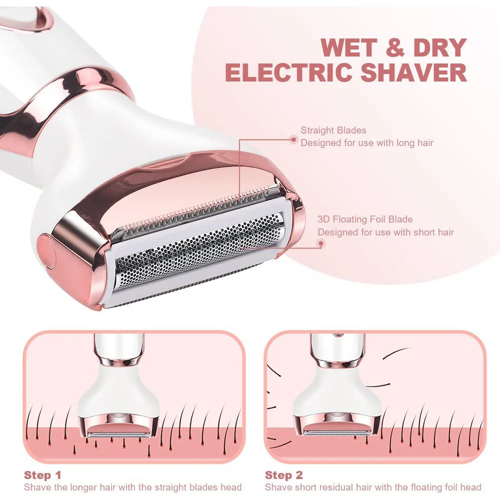 4 in 1 Rechargeable Electric Razor for Women Face, Nose, Legs, Underarm, Bikini Trimmer - Wet & Dry, Painless Grooming Kit