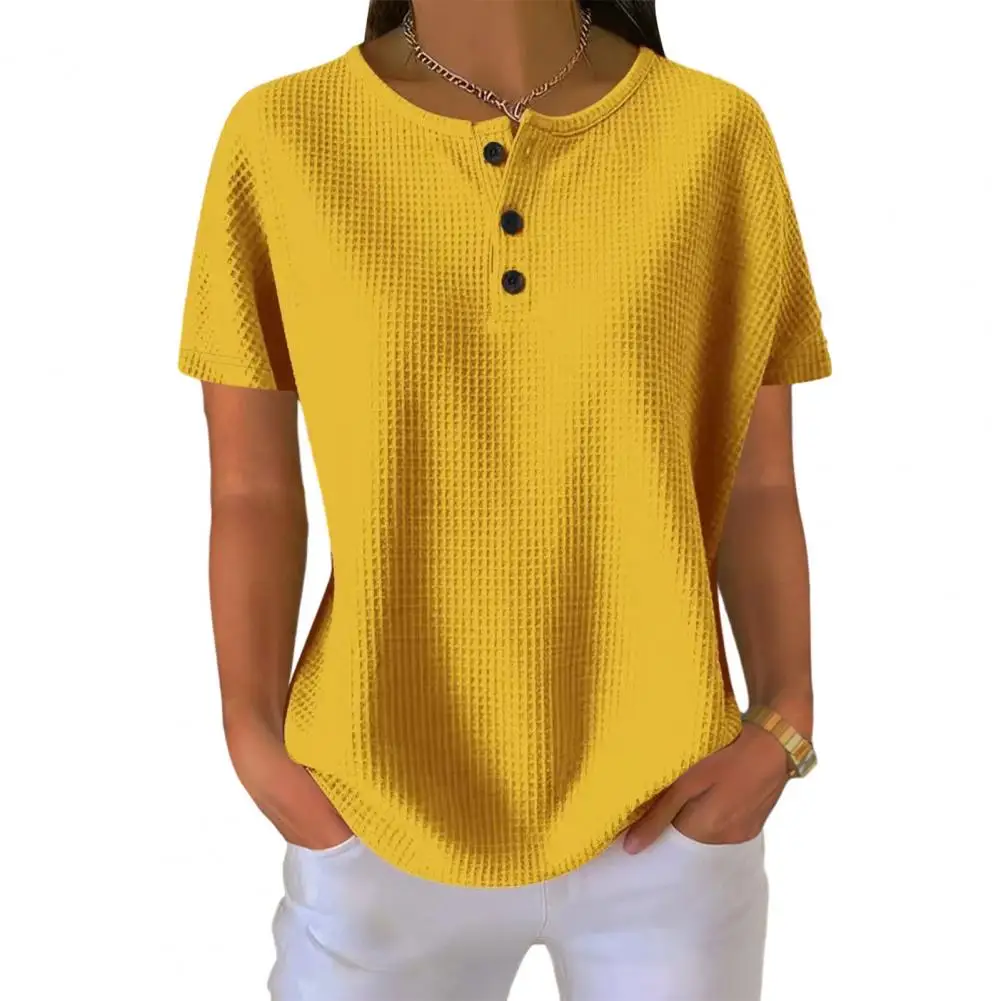 

Women Tops Women’s Crew Neck Tops Short Sleeve Waffle Texture T-shirts Loose Fit Half Placket Buttoned Summer Blouses Summer