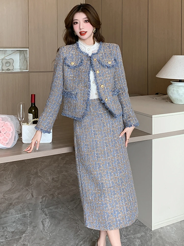 French Vintage Small Fragrance Tweed Two Piece Sets Women Outfits High Quality Fringed Jacket Coat & Long Skirt Office Suits