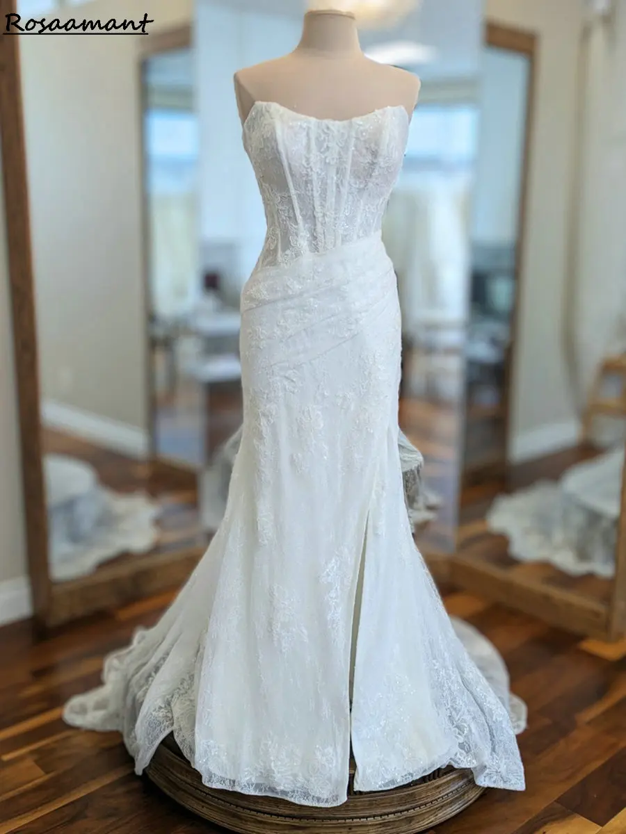 

Romantic Strapless Pleat Mermaid Wedding Dresses Sleeveless Appliques Lace Country Bridal Gowns