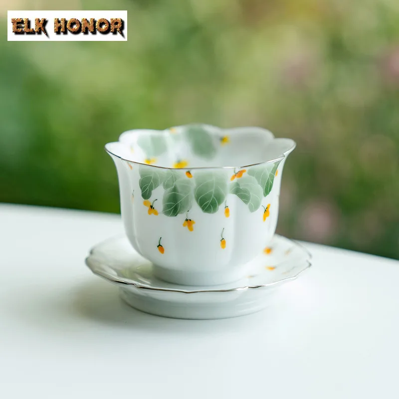 50ml Hand Drawn Gold Osmanthus Master Cup Cersmic High Footed Cup With Coaster Small Tasting Mug Retro Tea Bowl Cafes Gift Craft