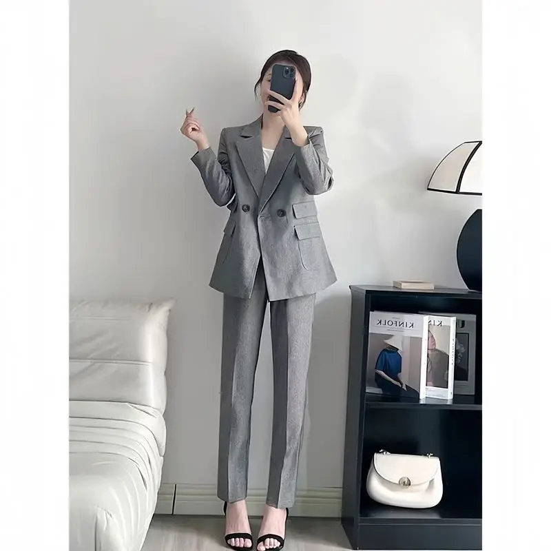 Calça feminina de blazer de cintura dupla, conjunto de calças largas, pendulares, cor sólida, retrô, casual, primavera, conjunto de 2 peças