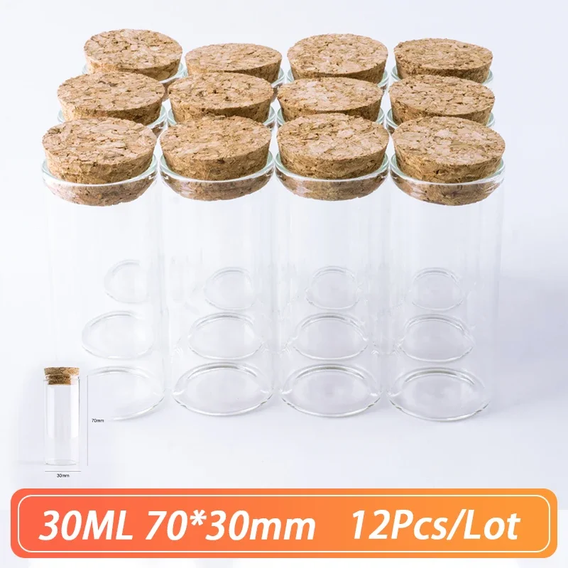 Straight Mouth Glass Bottle 70*30mm 30ml Cork Stopper Spice Container Jars Vials DIY Craft Kitchen Storage Bottles 12pcs/Lot