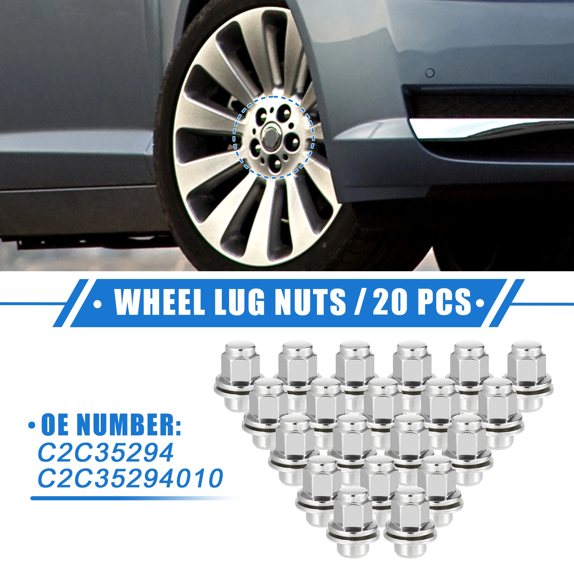 UXCELL 20 Pcs M12 x 1.5 Wheel Lug Nuts Chrome Bulge Acorn Wheel Nut Replacement for Jaguar XKR 2007-2015 No.C2C35294/C2C35294010