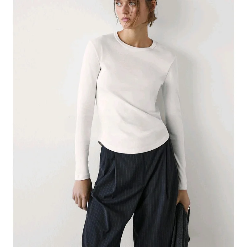 봄 신작 여성 기본 핏 퓨어 코튼 긴 소매 라운드 넥 티셔츠 이너웨어 캐주얼 편안한 피부 친화적 인 탑