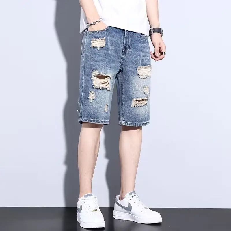 

Summer Thin Ripped Denim Shorts Men's Loose Straight Five-point Pants Trendy Brand Men's Casual Distressed Medium Half Pants
