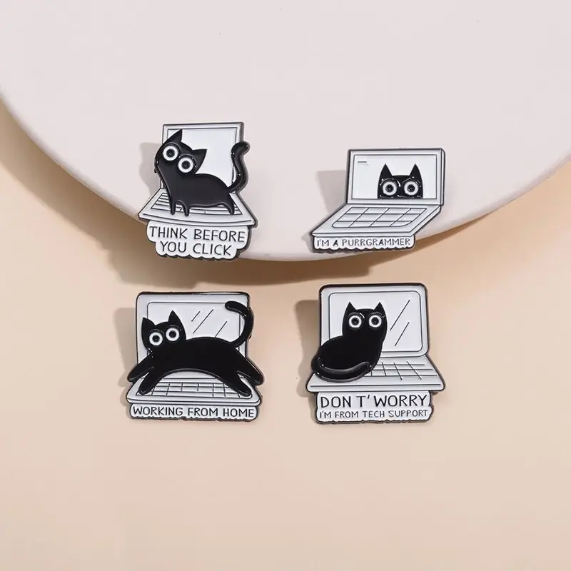 4pcs Personalized and Creative Little Black Cat Versatile Cartoon Pins and Cartoon Clothing Accessories on the Computer