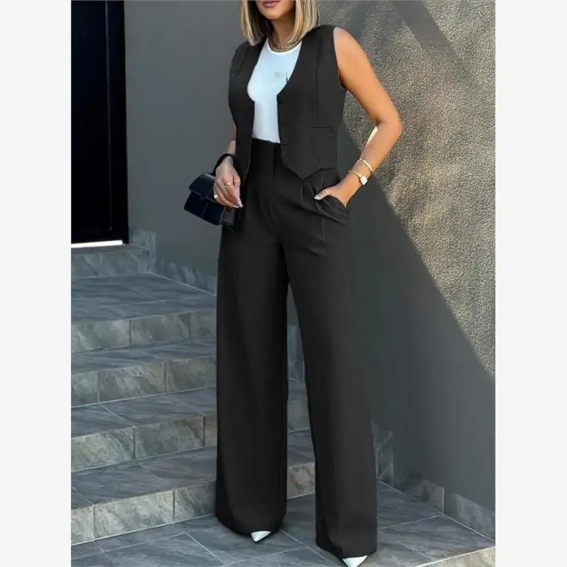 Modny damski komplet casualowy: spodnie z szerokimi nogawkami, kamizelka, dwuczęściowy zestaw, materiał poliestrowy, kolekcja letnia.