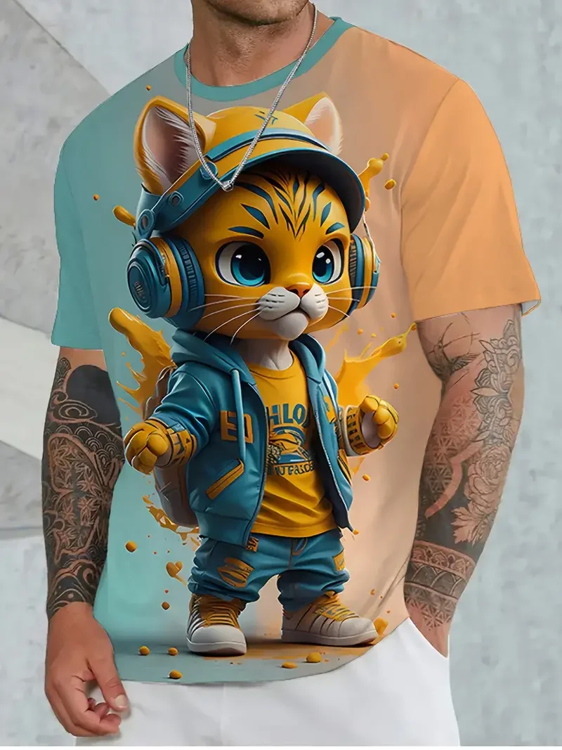 Summer Fashion Funny Cartoon Cat Graphic T-shirt For Men New Trend Casual Personality 3D Printed Round Neck Short Sleeve Tee Top