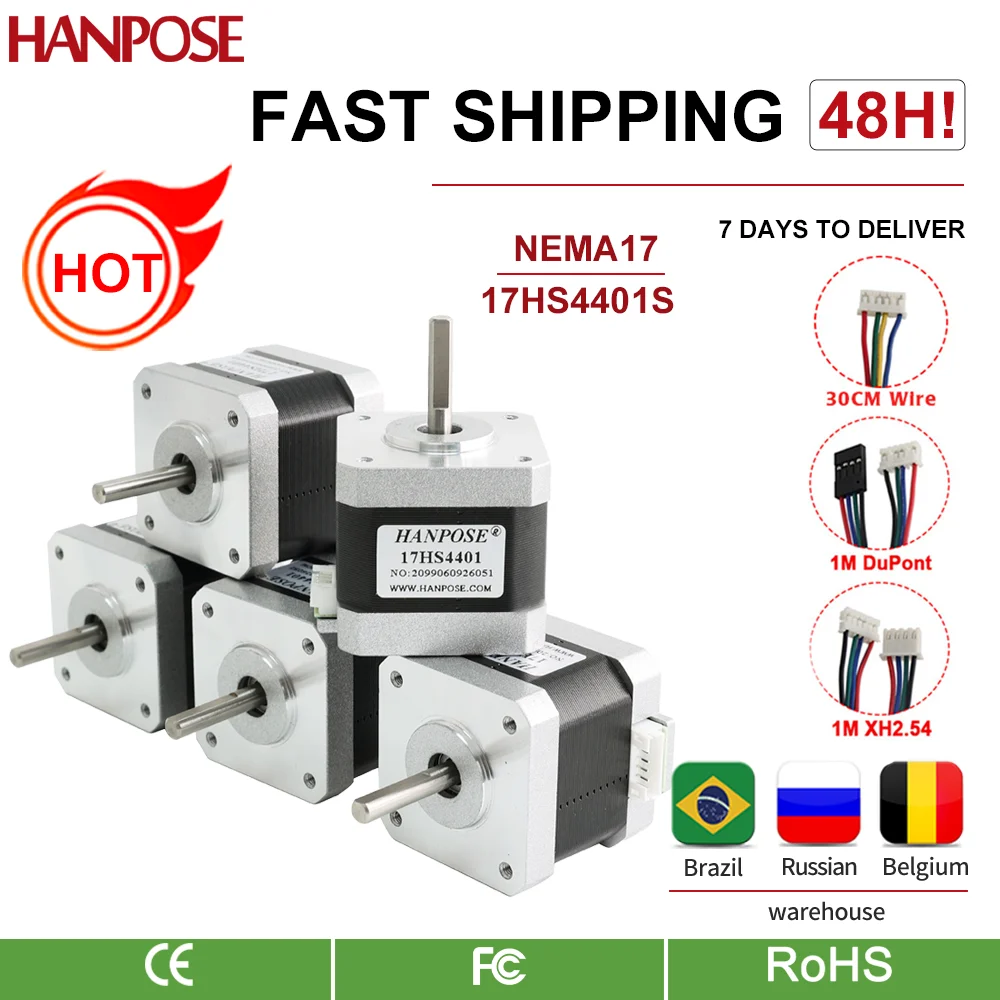 HANPOSE 5 4-pin Nema17 40mm non self-locking stepper motors 42 motors 40N. CM 1.5A 17HS4401 is used for 3D printer motors and CN