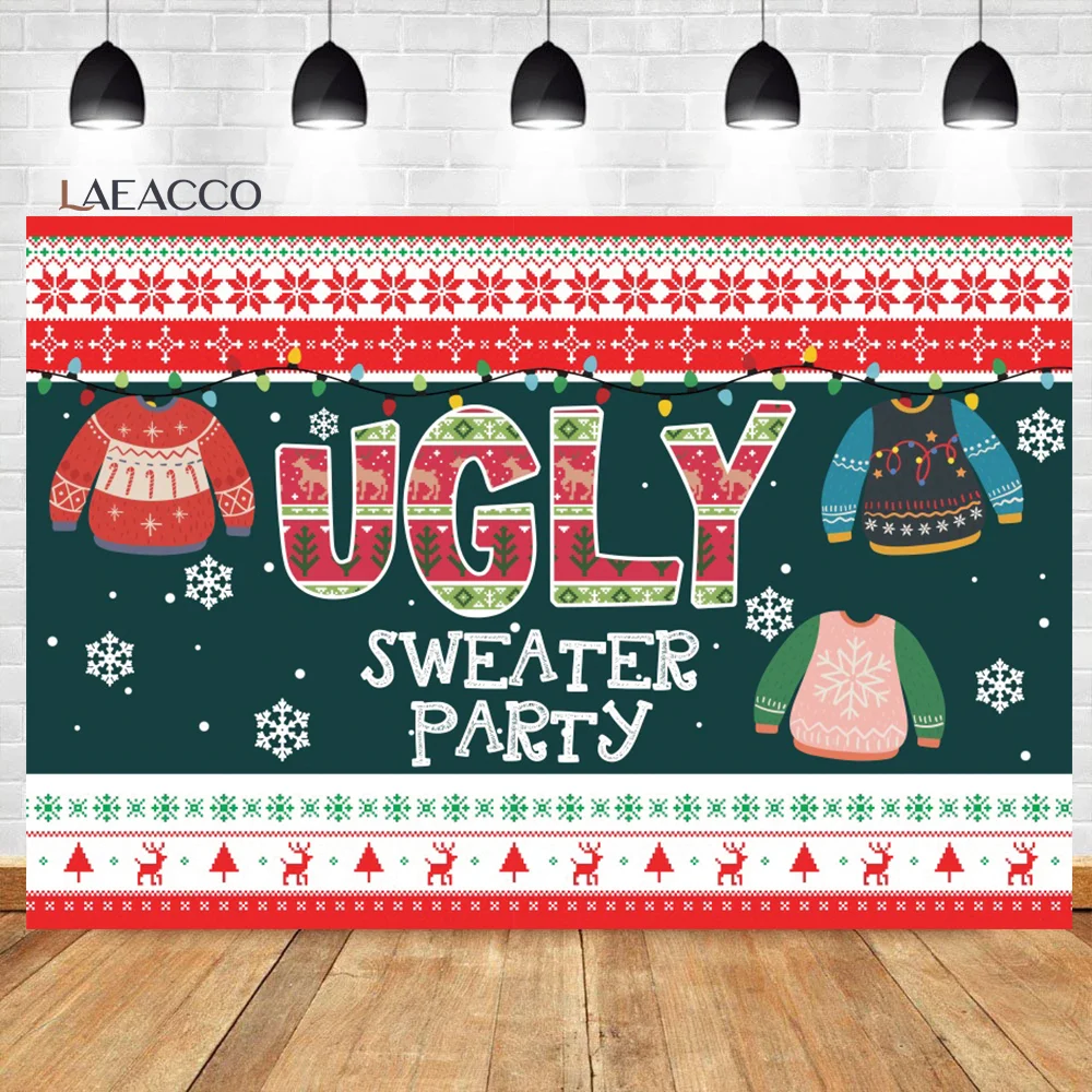 Laeacco คริสต์มาสน่าเกลียดเสื้อกันหนาว Party Photocall สีดำพื้นหลังหิมะ Baby ภาพโปสเตอร์ที่กำหนดเองการถ่ายภาพฉากหลัง