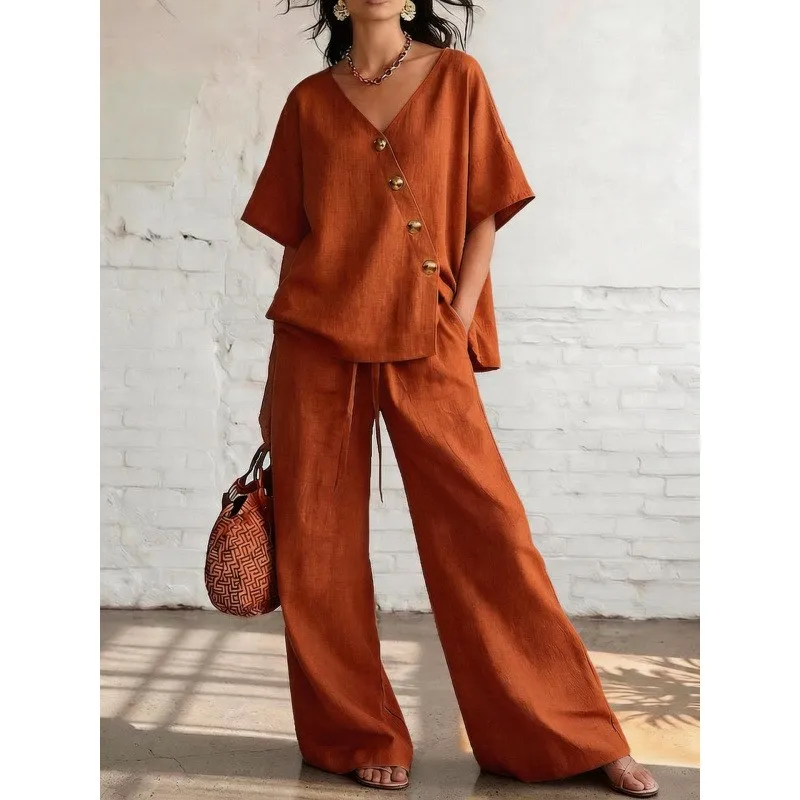 2026 New Pants Set With V-neck Diagonal Buckle Solid Color Casual Loose Fashionable Comfortable Simple And Versatile Pants Set