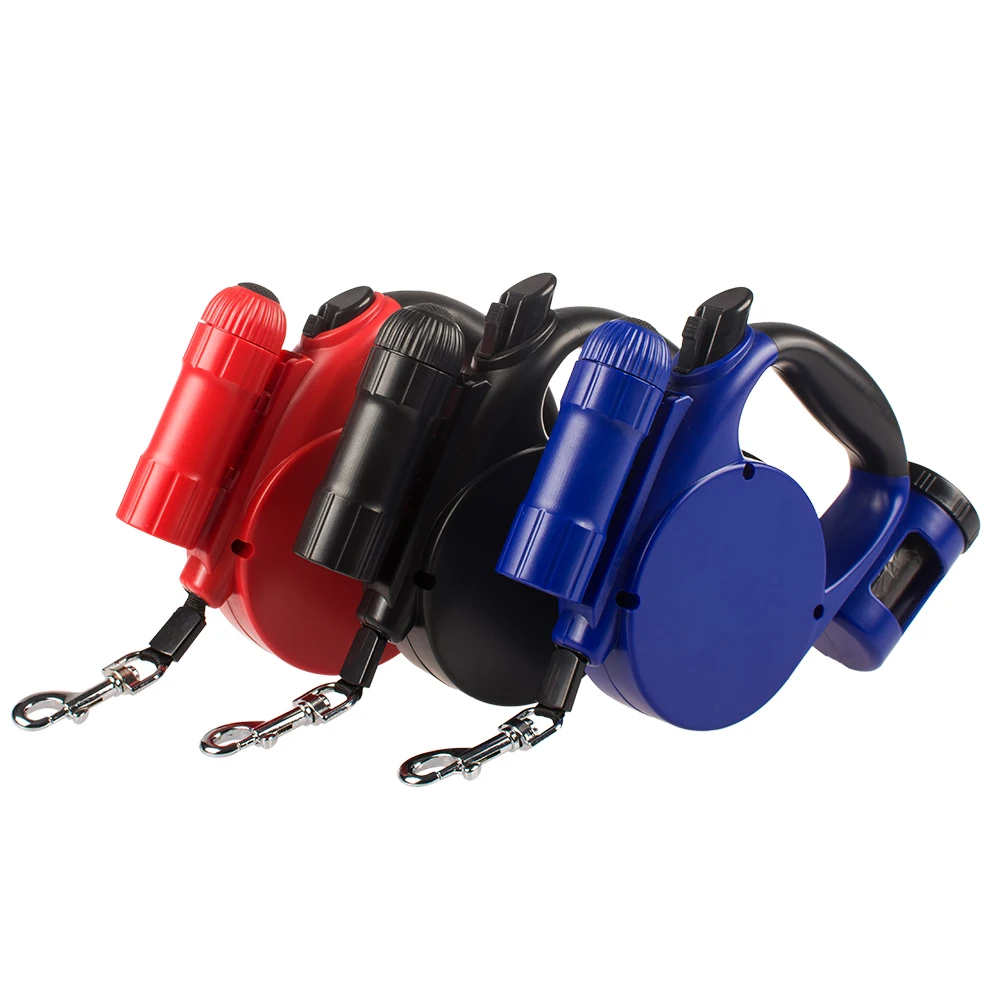 Manufacturer Wholesale 3 In 1 Plastic Nylon Automatic Retractable Dog Leash With Light Poop Bag