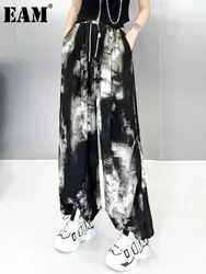 [EAM] High Elastic Waist Black Tie Dye Long Drawstring Wide Leg Pants New Trousers Women Fashion Tide Spring Autumn 2024 1DH6625