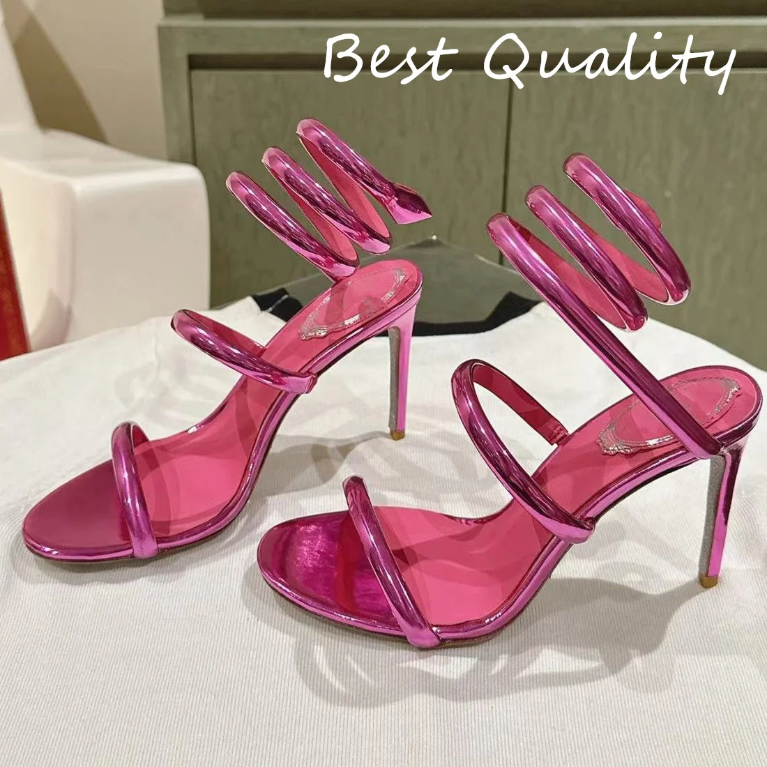 Women's High heeled sandals Entangled Serpentine Fluffy material Sexy Style Open Toe Runway Crystal Sandal Genuine leather sole