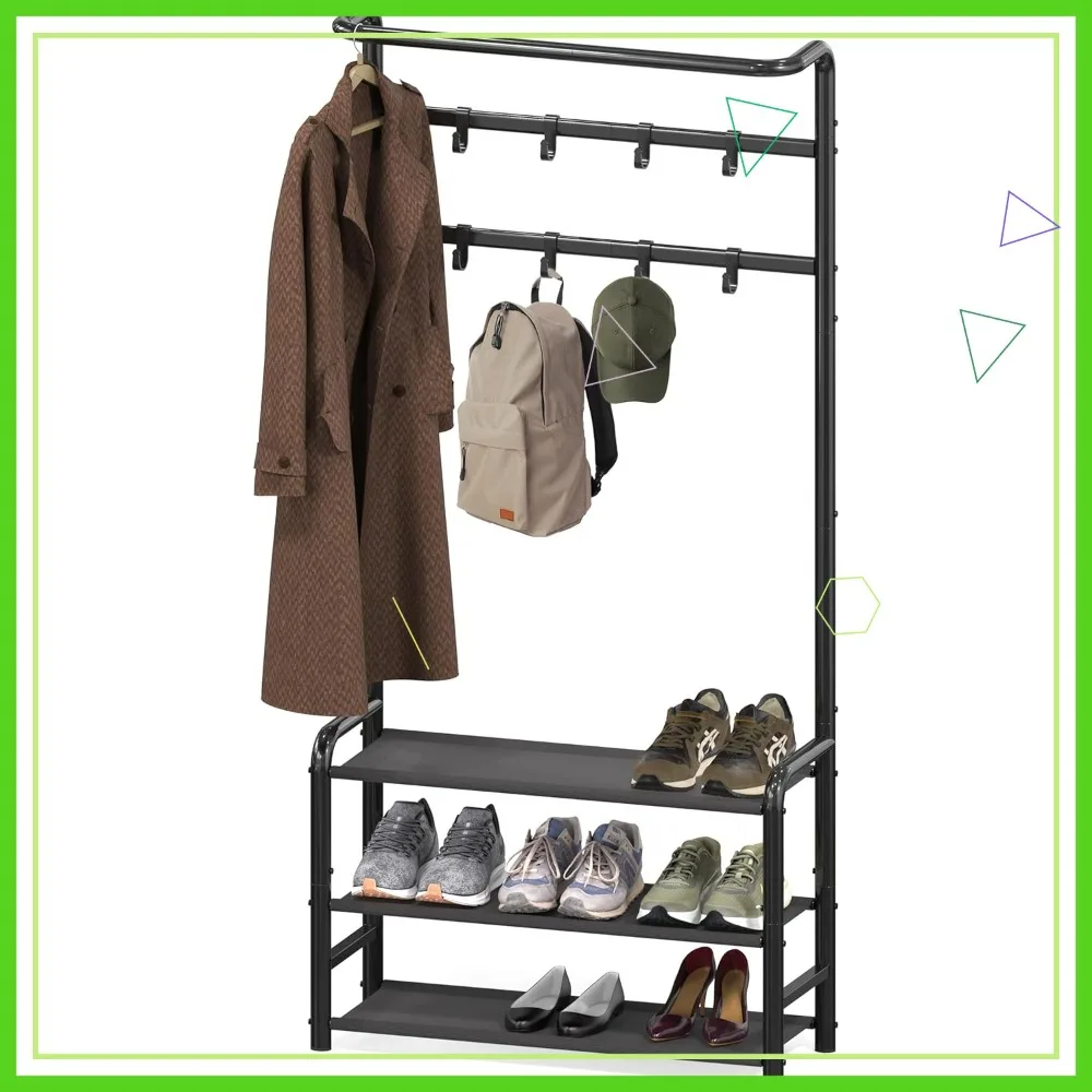 

Freestanding Coat Rack with Storage Shelf and Hooks for Entryway, Bedroom, Office - Black Metal Clothes Stand