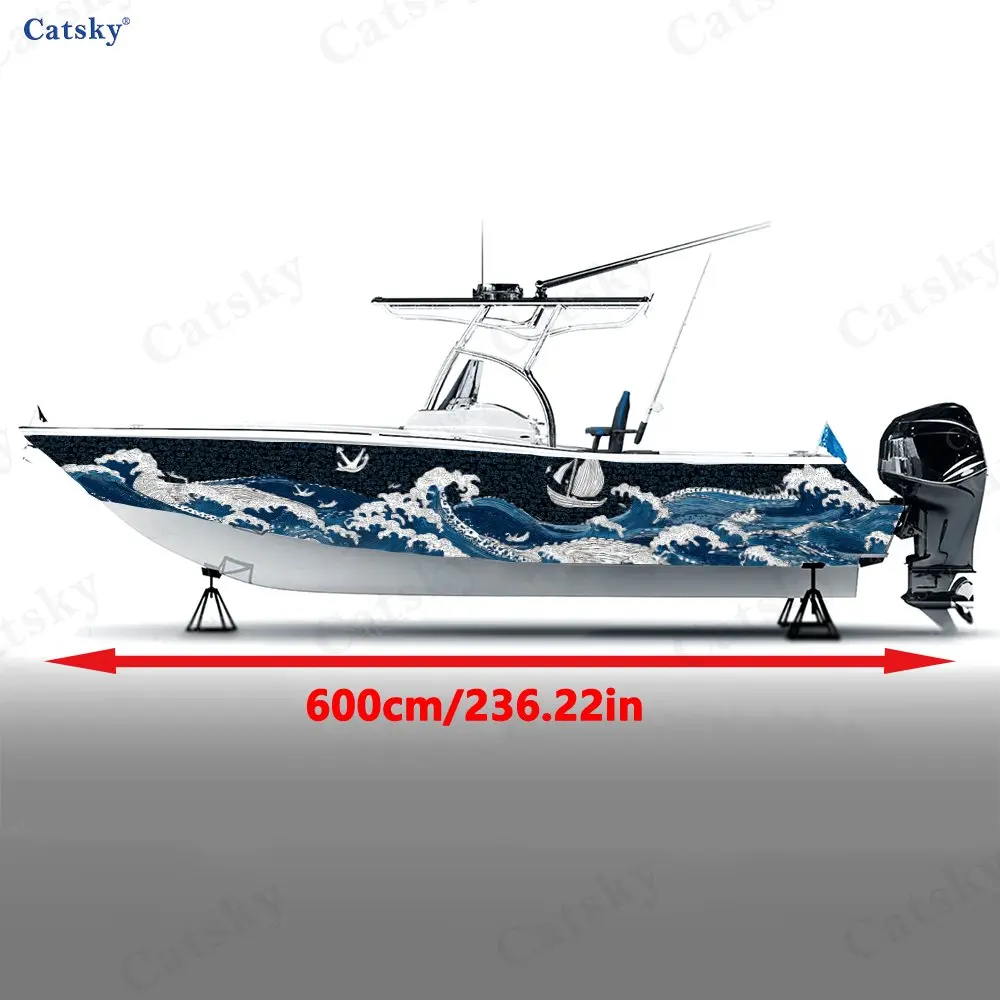 Ukiyo-e Anchor Themed Boat Stickers, PVC Waterproof Durable Vinyl Wrap Decals for Fishing Boats, Durable and Stylish Design