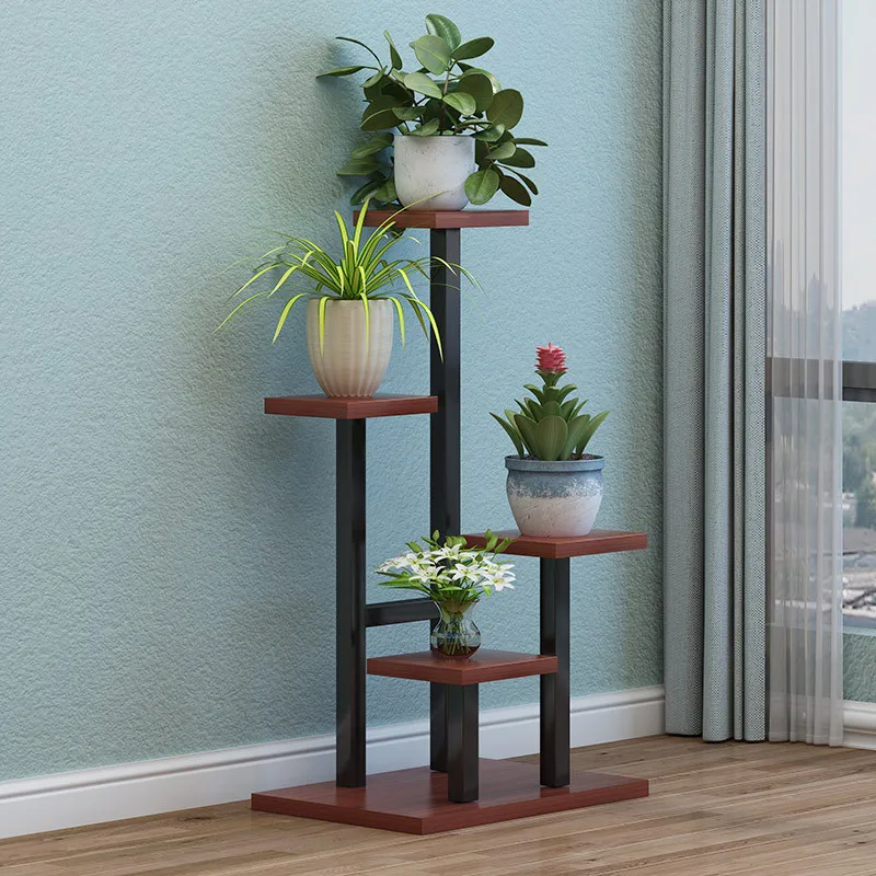 Multi Story Balcony Iron Flower Rack Living Room Decoration Flower Pot Rack Steel And Wood Storage Rack