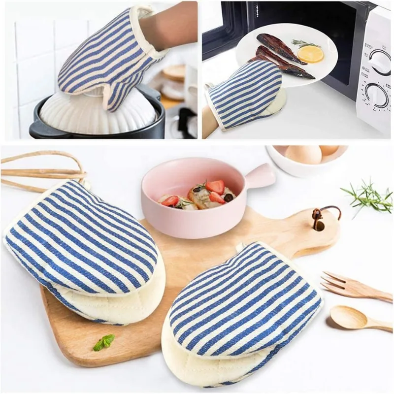Heat-Resistant Oven Gloves Japanese-style Stripe Mini Oven Mitts Baking Gloves with Hanging Loops Hot Gloves for Cooking