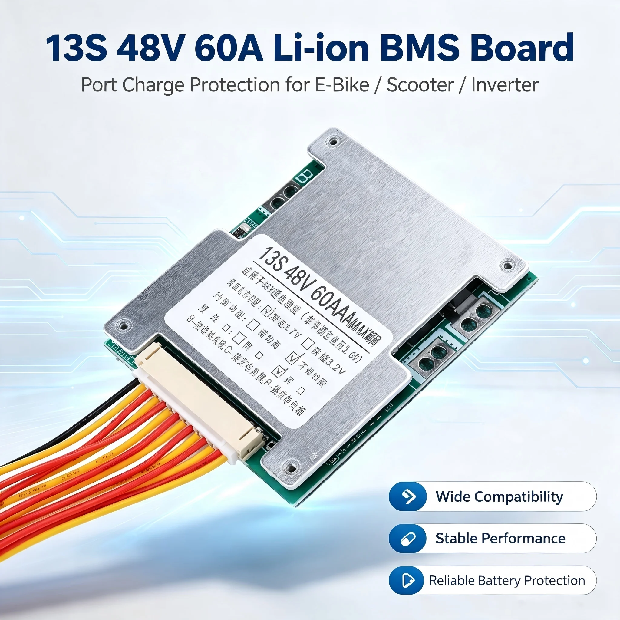 BMS 13S 48V 60A Lithium-Batterie-Schutzplatine mit getrennten Anschlüssen, Li-Ionen-Zellen-Batterie-Leiterplatte, Ladeplatine für Elektrofahrzeuge