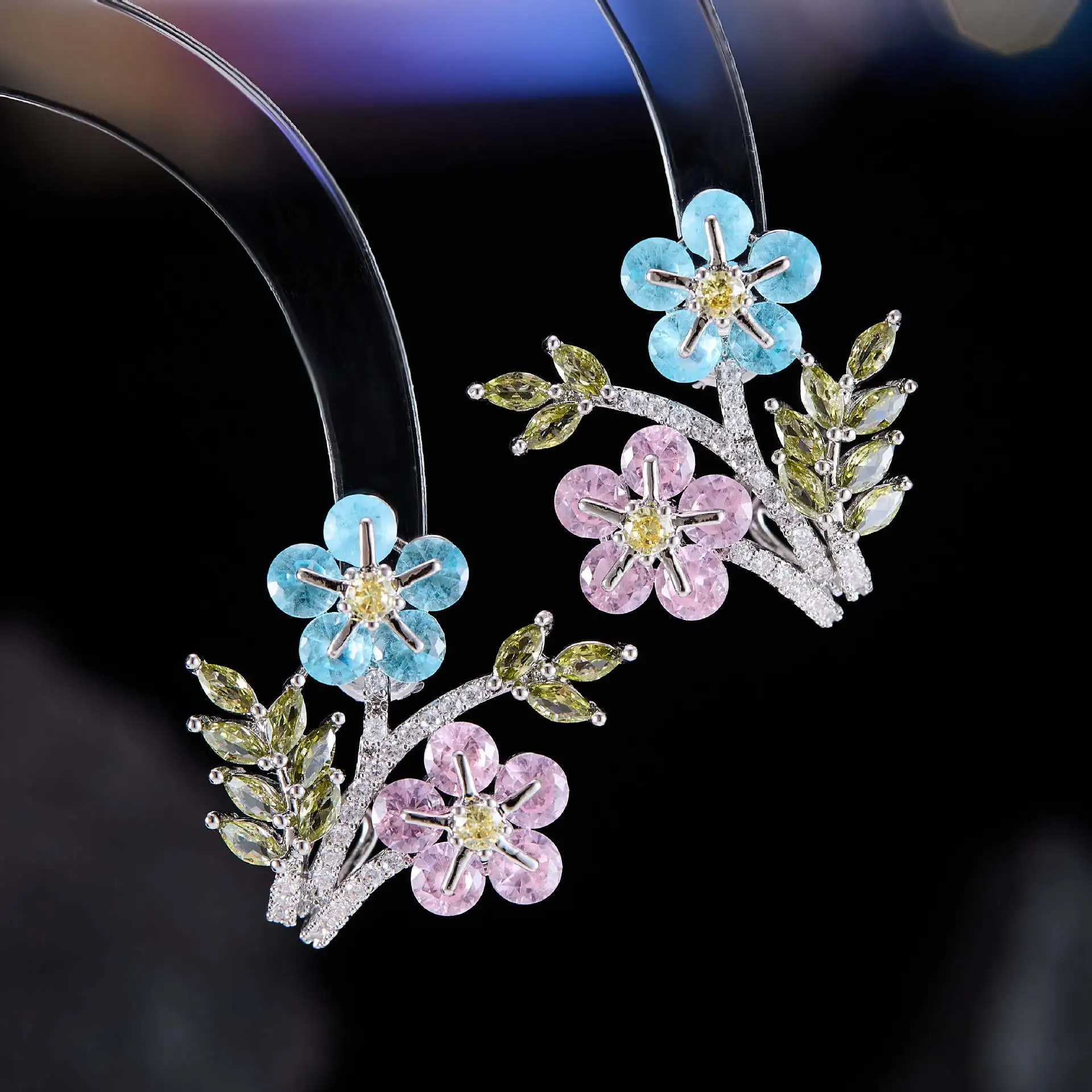 New Chinese Style Vintage Colorful Treasure Flower Zircon Earrings for Women High Quality Versatile and Elegant Petal Earrings