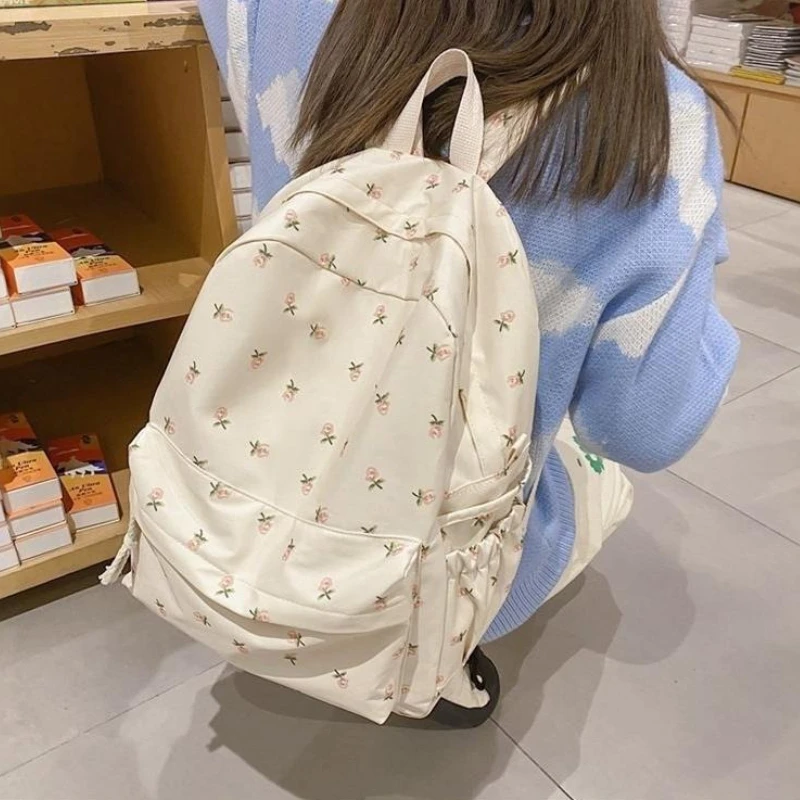 Student School Backpack Floral White School Bags for Teenage Girls Cute Women's Backpack Book Bag Nylon Rucksack 2026 New