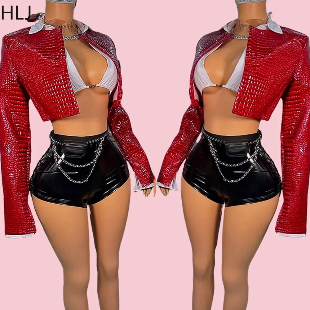 HLJ Fashion Y2K Leather Snake Jacket Coat Three Piece Sets Women Lapel Long Sleeve Crop Top And Shorts Outfits Trend Streetwear