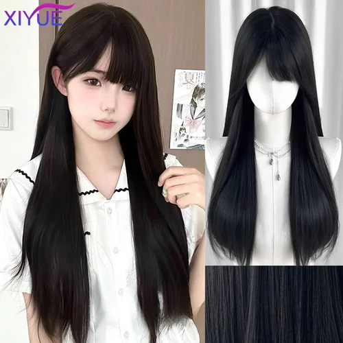 Imagen 1 del producto XIYUE pelucas sintéticas largas y sedosas con flequillo, pelucas de pelo negro para fiesta de Cosplay, peluca Natural resistente al calor para mujer