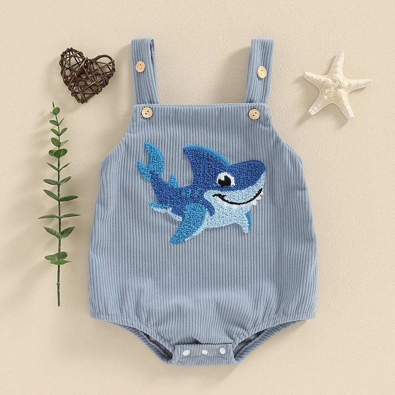 2024-03-15 Lioraitiin Baby Girls Boys Summer Romper Sleeveless Dinosaur/Shark Embroidery Button Casual Romper