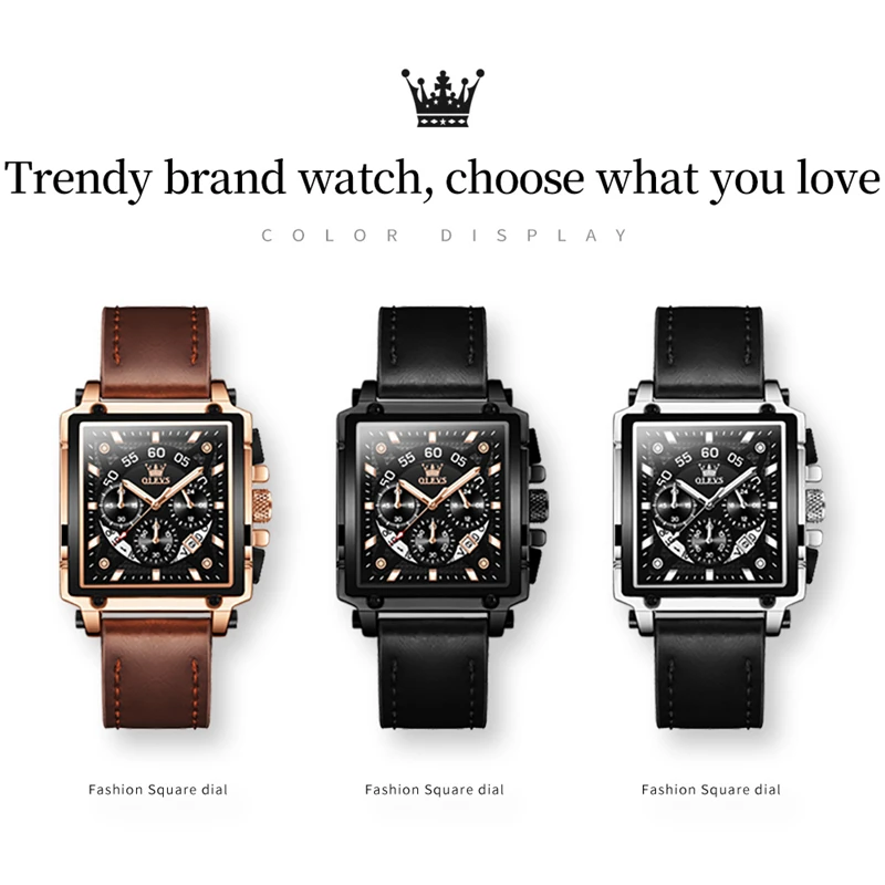 OLEVS-Relógio de quartzo impermeável masculino, pulseira de couro, Big Dial Square Chronograph, relógio esportivo masculino, original, 9919