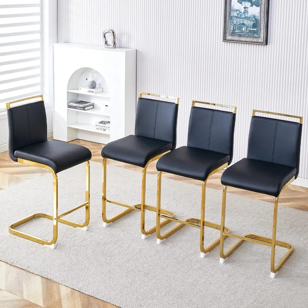 Bar Stools Set of 4,Counter Height Bar Stools with Backs,Black Faux Leather Kitchen Stools with Gold Chrome Plated Metal Leg