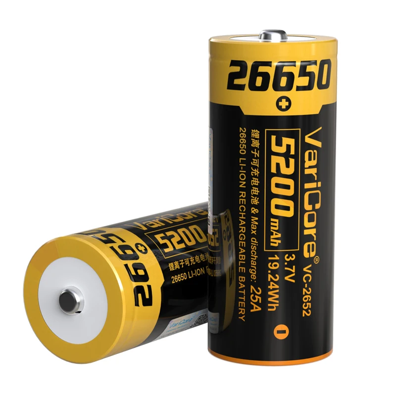 VariCore VC2652 5200mAh 26650 ليثيوم أيون 3.7 فولت بطارية قابلة للشحن 25A تفريغ 3.6 فولت مع طرف لبطاريات المصباح الأمامي